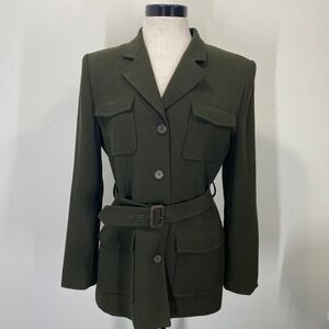 Lauren Ralph Lauren Olive Green Worsted Wool Belted Safari Field Jacket 8 USA